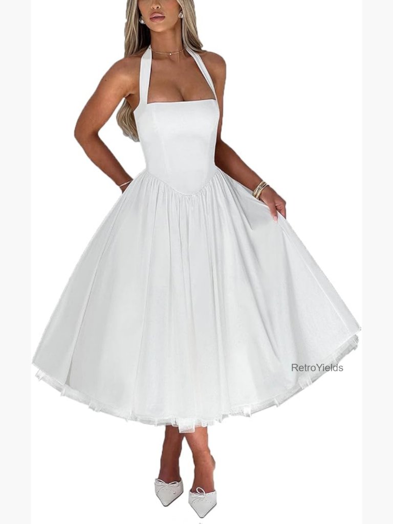 Halter Corset Prom Dress Flowy A-Line Tulle Swing Tea Length Formal Gown
